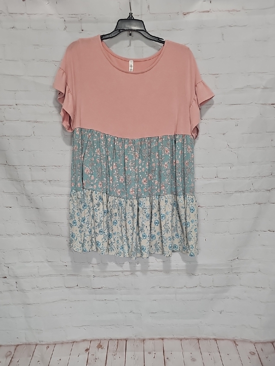 Emerald Tops - Emerald Pink and Blue Floral Tiered Short Sleeve Tunic